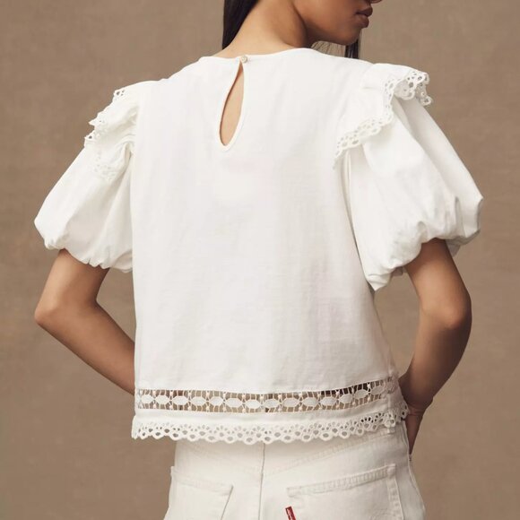 065 By Anthropologie Puff-Sleeve Cutwork Top NWT Size Large - Picture 4 of 9